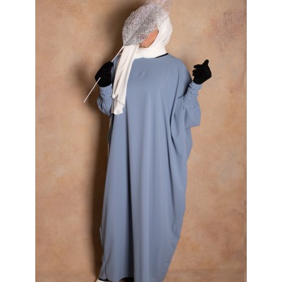 Abaya couleur bleu gris manches serrées en soie de medine